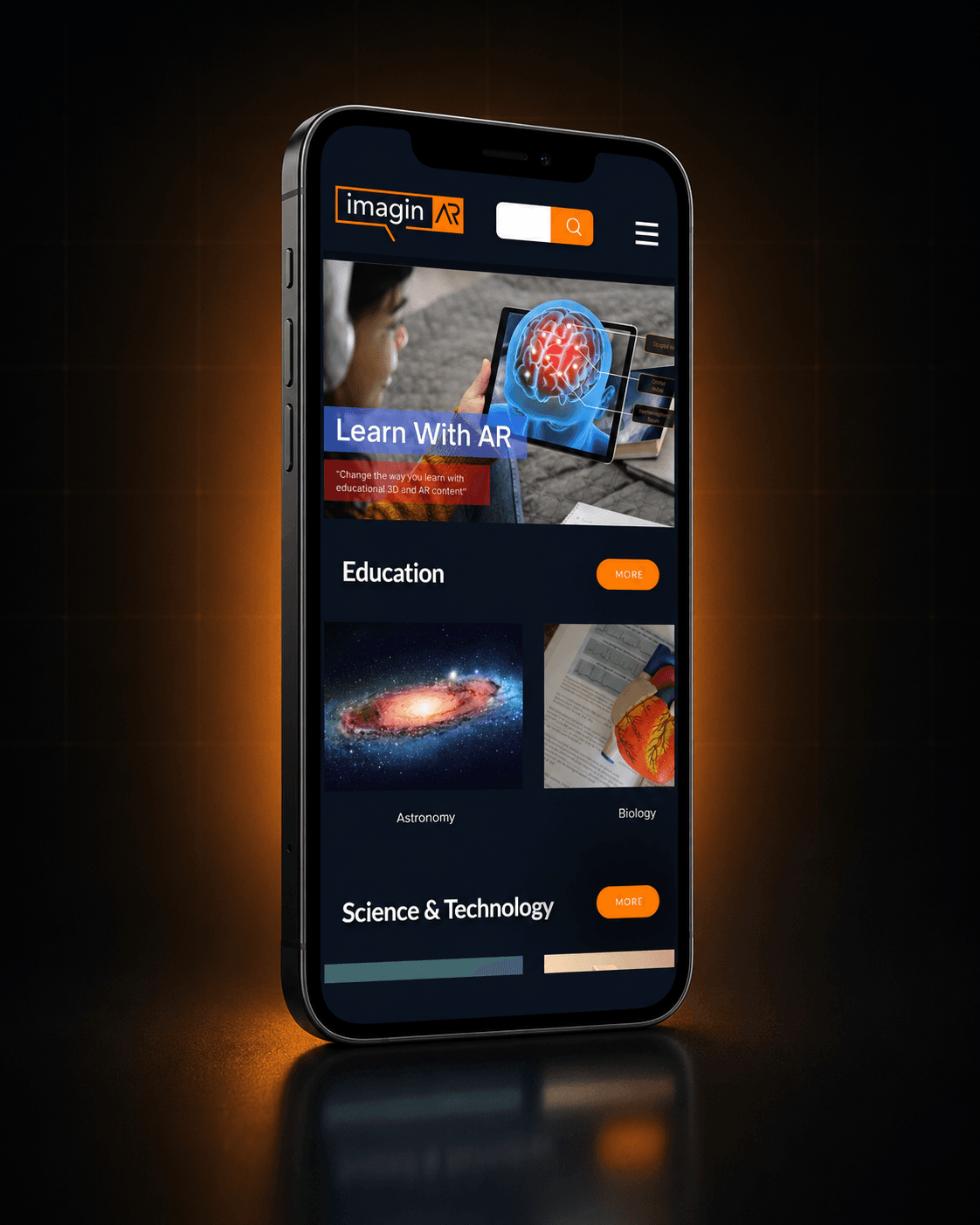 The ImaginAR AR Worlds app shown on a phone, with Learn With AR and category shelves