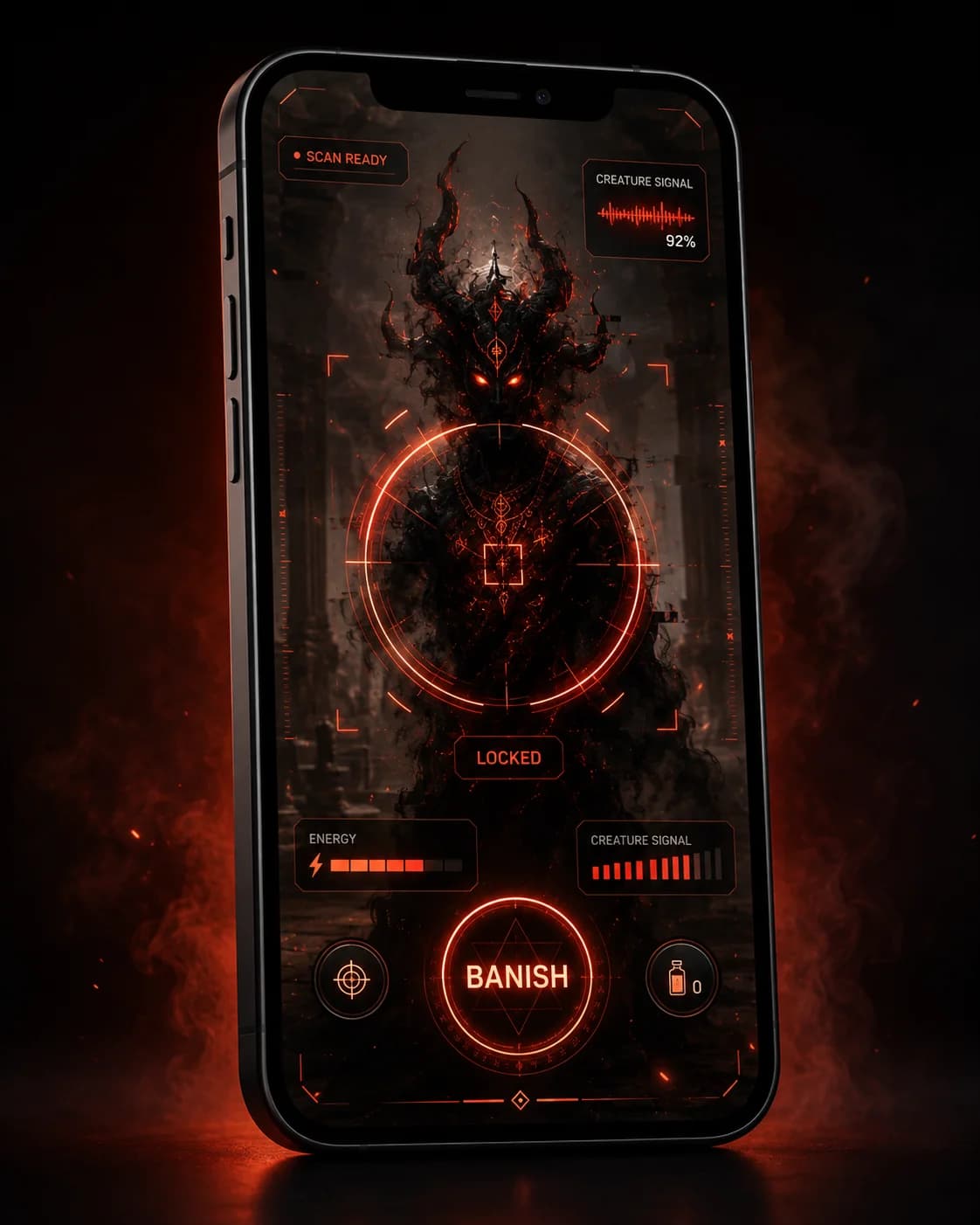 Smartphone AR game interface revealing a myth-inspired entity