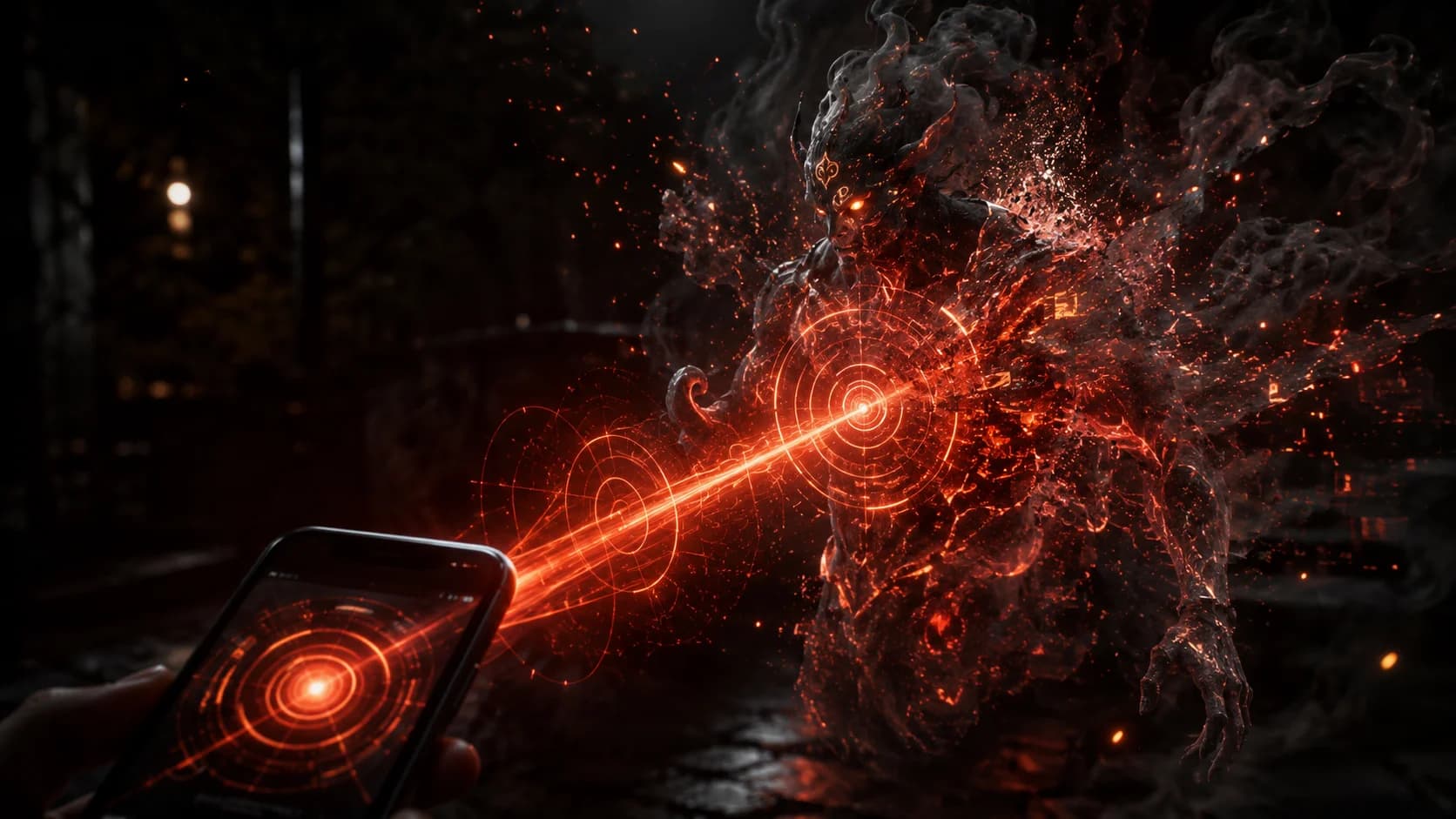 Smartphone AR beam banishing a myth-inspired entity into ember particles