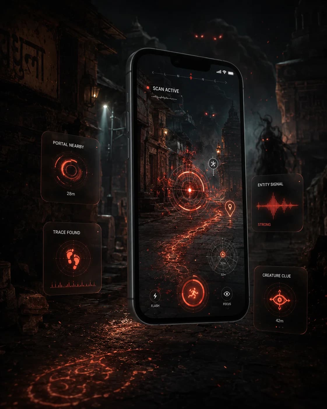 Phone scanning a hidden myth-inspired AR layer in the real world