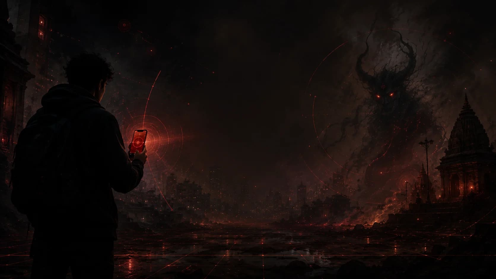 Evil HuntAR concept teaser showing a player facing a myth-inspired AR entity