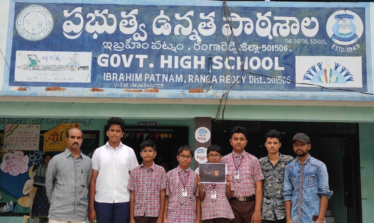 Students and teachers outside Govt High School, Ibrahimpatnam